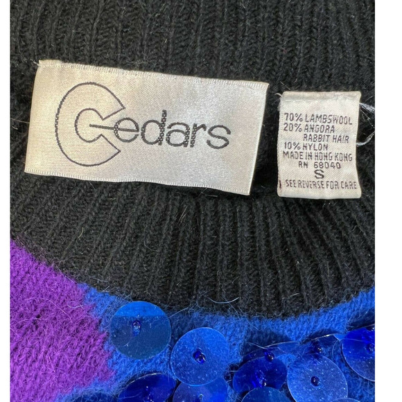 Vintage 80s Cedars Lambswool Angora Sequin Front Geometric Sweater Hong Kong Sm - Picture 3 of 4